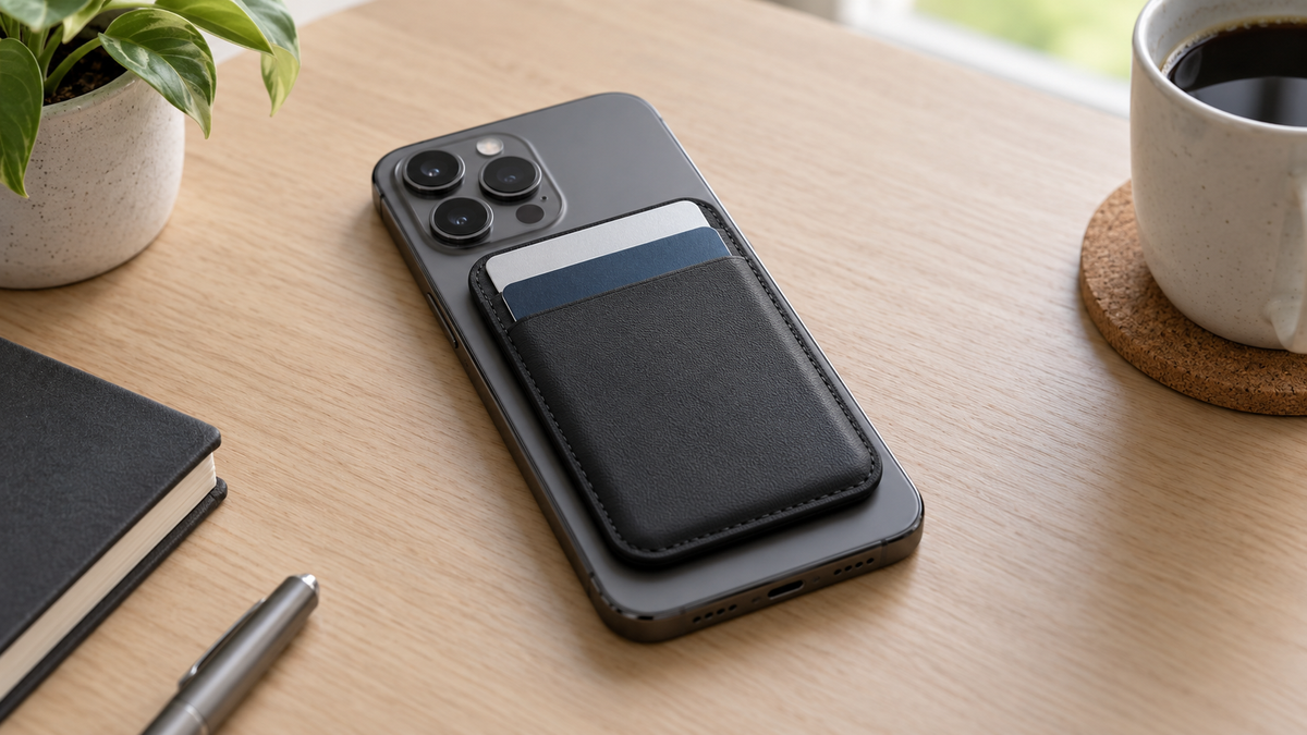 Unbranded magnetic phone card holder attached to a smartphone beside payment cards