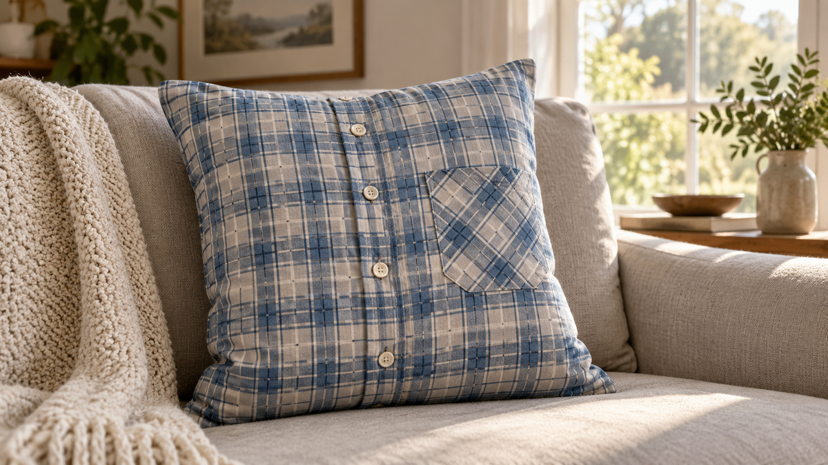 Handmade memory pillow sewn from patterned shirt fabric on a neutral sofa