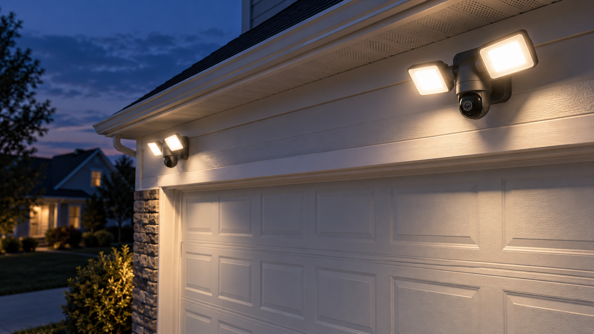 Unbranded outdoor flood lights with integrated security camera mounted above a garage