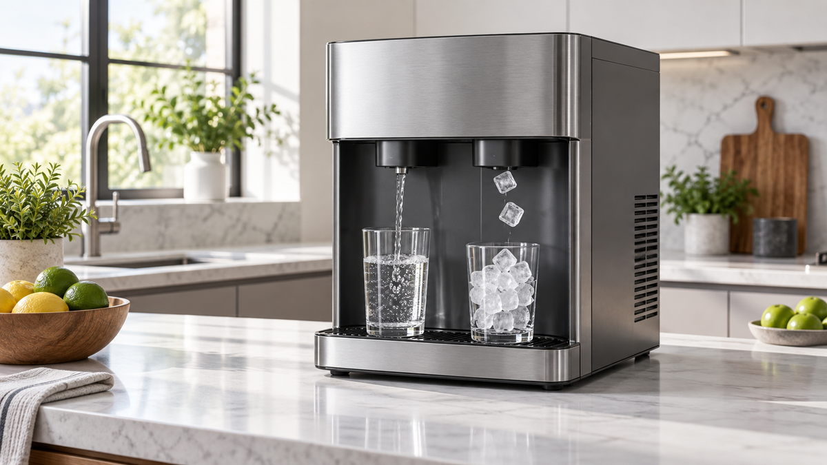 Compact countertop ice and water machine in a bright modern kitchen