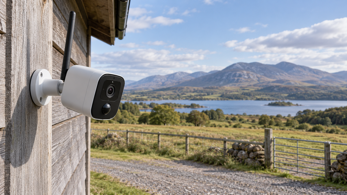 Unbranded outdoor cellular surveillance camera mounted beside a rural building