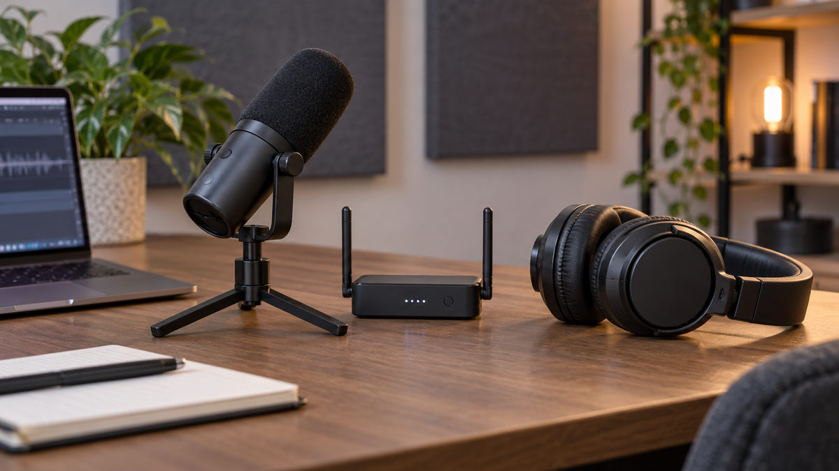 Unbranded wireless podcast microphone and receiver on a tidy recording desk