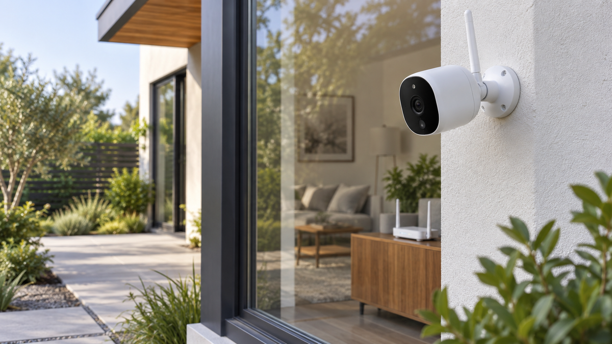 Unbranded outdoor WiFi security camera mounted near a modern home