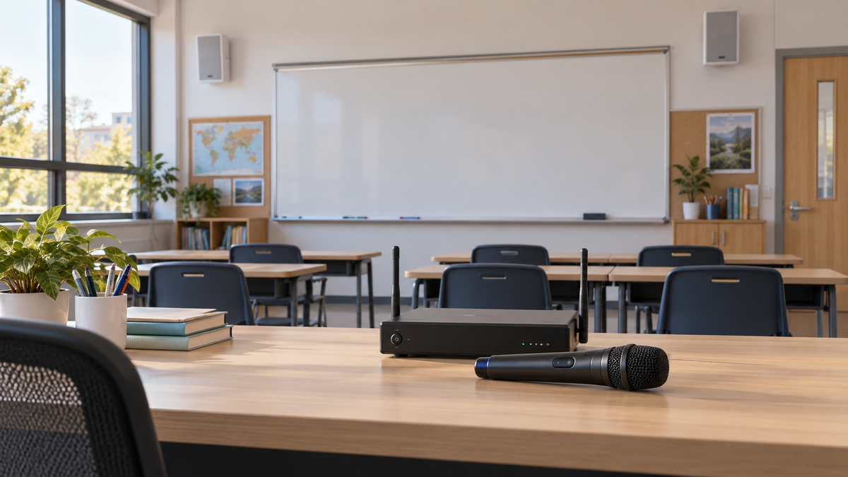 Unbranded classroom audio system with wireless microphone and compact speakers