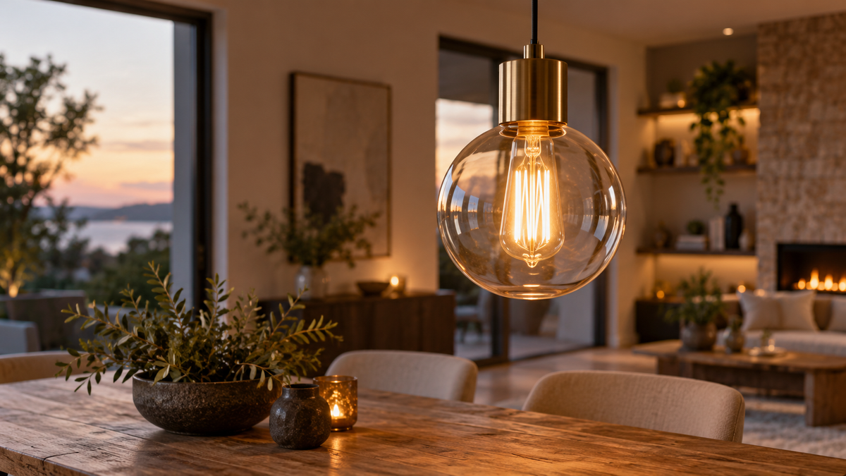 Unbranded glowing smart filament bulb in a clear decorative pendant fixture