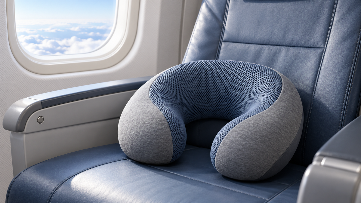 Cooling travel pillow resting on a clean airplane-style seat without branding