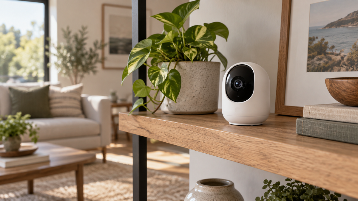 Compact unbranded battery powered indoor security camera on a living room shelf