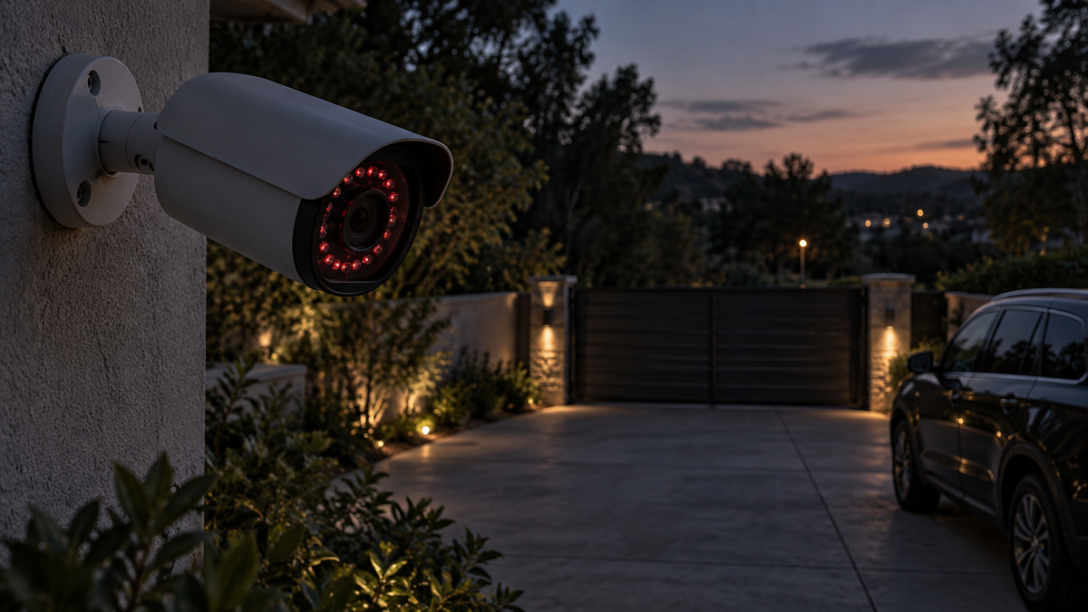 Unbranded infrared security camera monitoring a driveway at dusk
