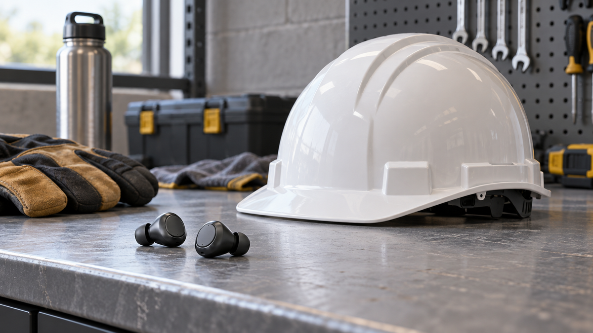 Low profile unbranded earbuds beside a protective helmet on a clean workbench