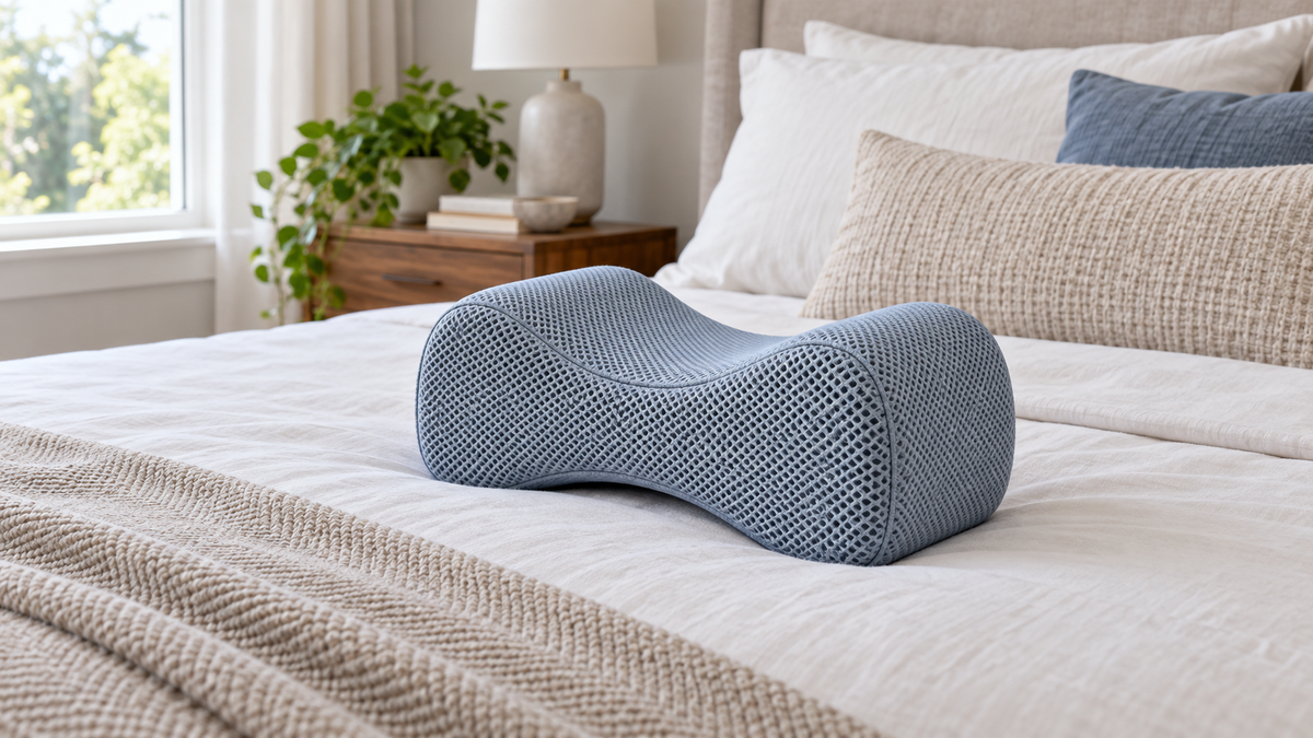 Cooling knee pillow with breathable cover arranged on a neatly made bed