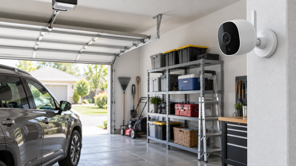 Unbranded wireless security camera mounted inside a clean residential garage