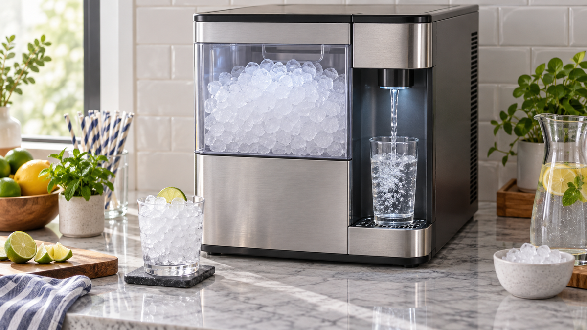 Unbranded nugget ice maker and water dispenser on a spacious kitchen counter
