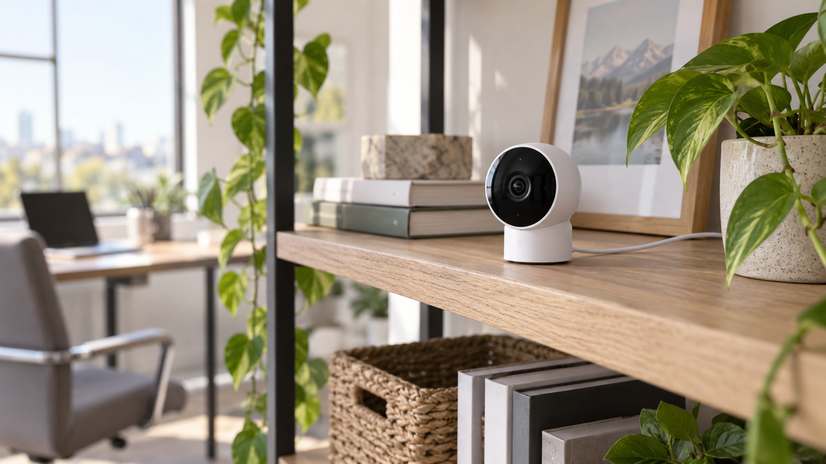 Tiny unbranded WiFi security camera on a shelf in a bright home office