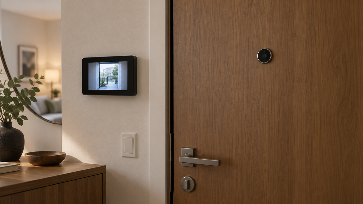 Unbranded WiFi peephole camera installed discreetly on an apartment door