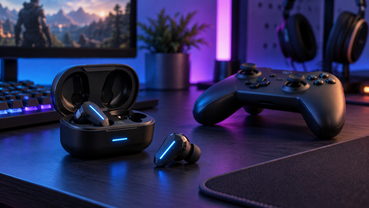 Unbranded Bluetooth gaming earbuds and charging case beside a generic game controller