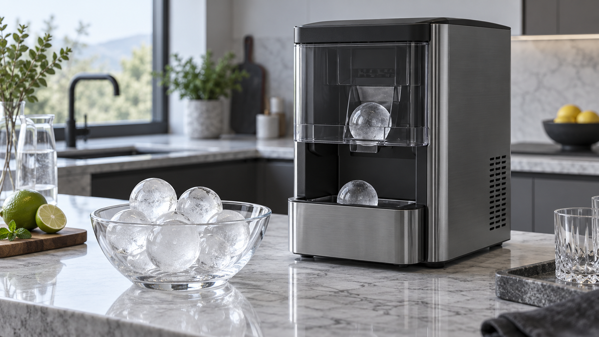 Unbranded countertop appliance producing clear spherical ice in a modern kitchen