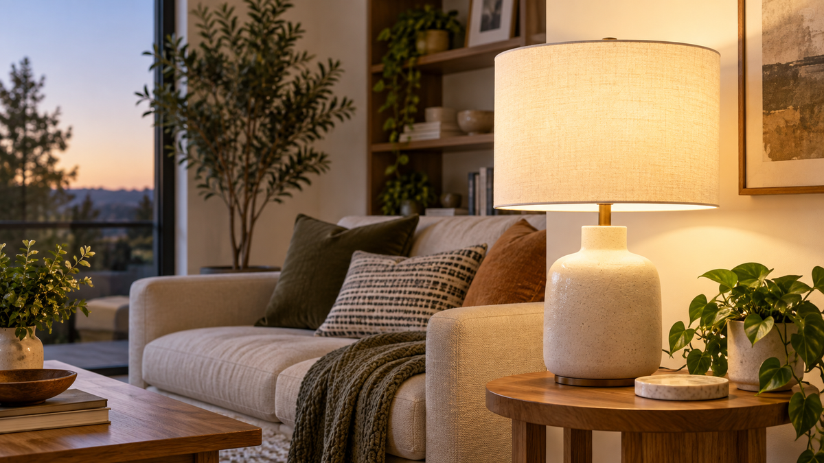 Bright unbranded smart bulb illuminating a modern living room lamp without visible branding