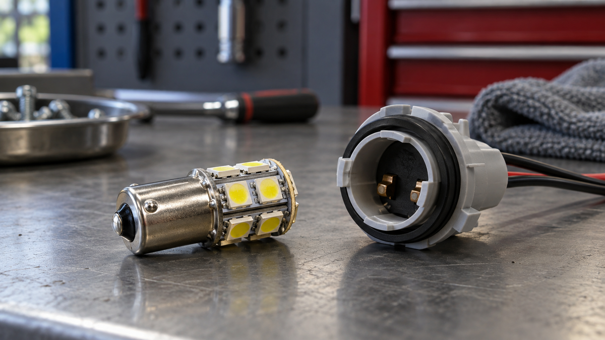 Unbranded 1057-style LED bulb beside a clean generic automotive lamp socket on a workbench