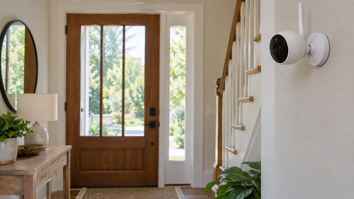 Visible unbranded 1080p WiFi camera mounted in a bright private home entryway