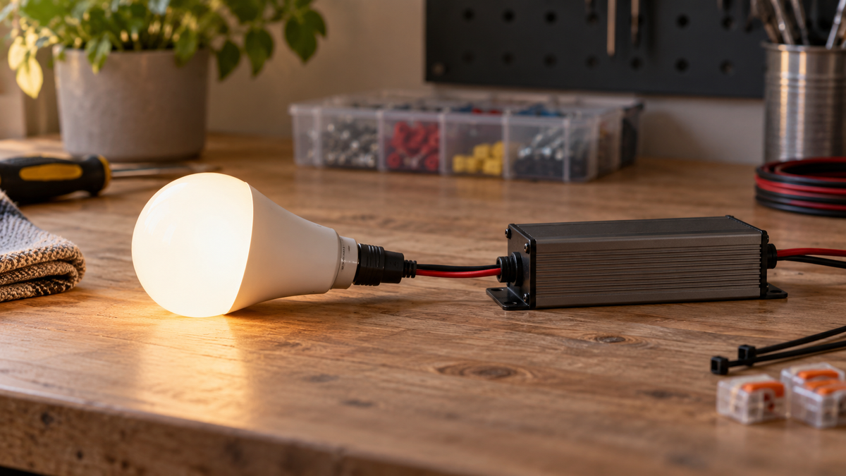 Unbranded low-voltage smart bulb beside a labeled generic power driver on a workbench