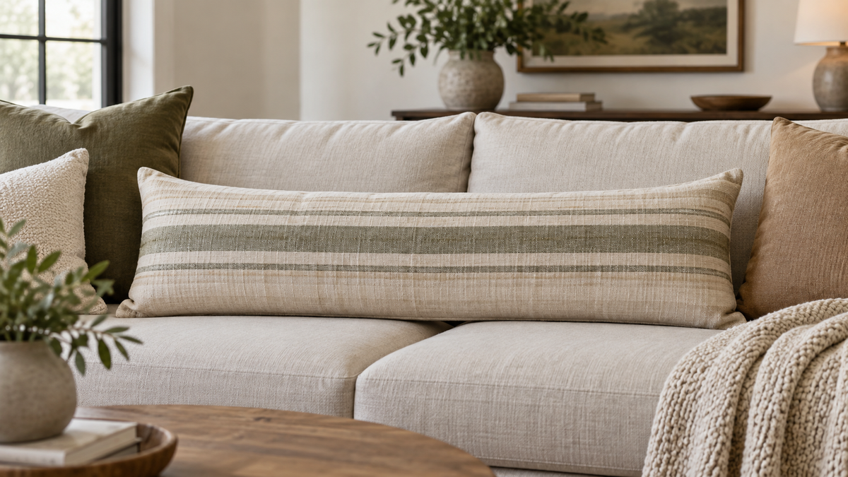 Long 14 by 42 inch lumbar pillow on a neutral sofa