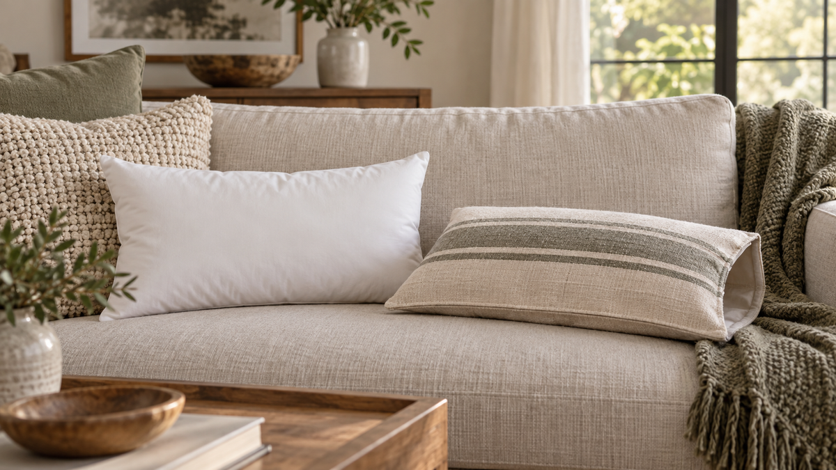 Rectangular pillow insert beside a removable decorative cover