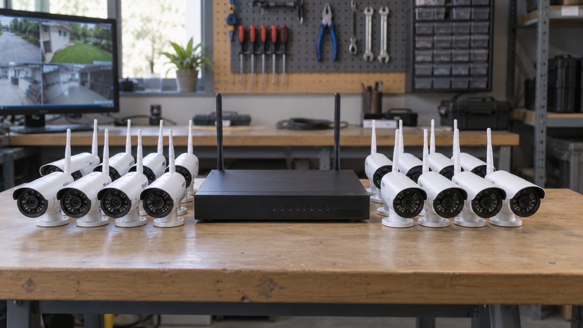 Sixteen-channel wireless security camera system in a technical workspace
