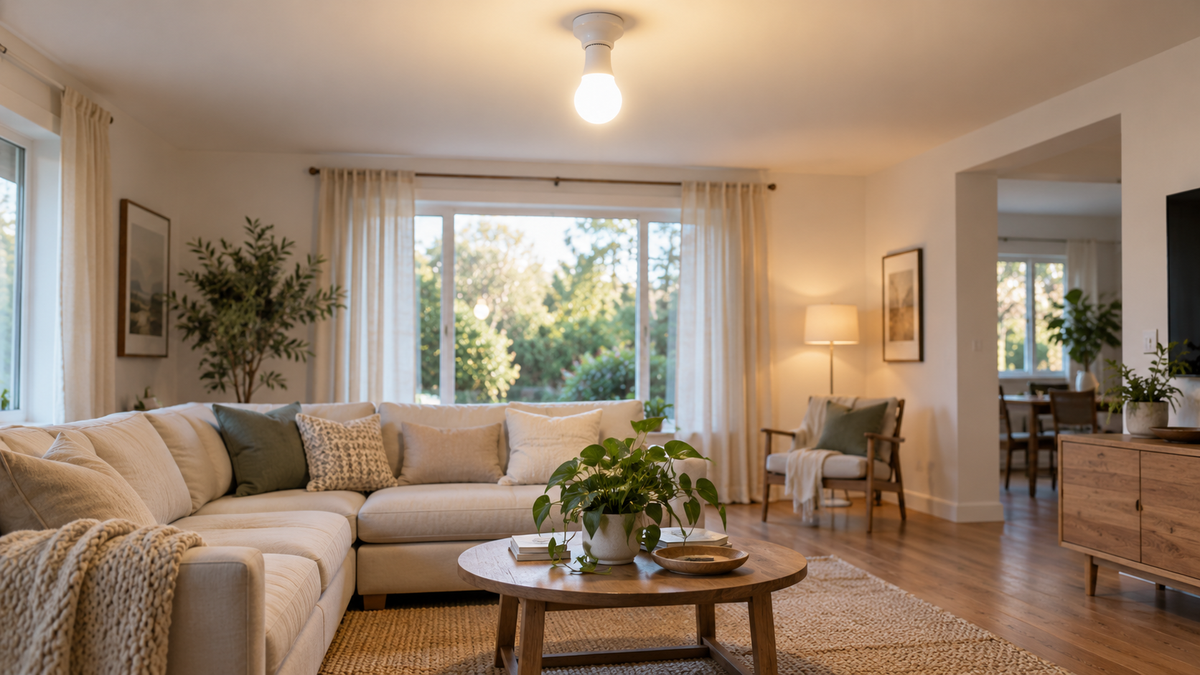 Unbranded bright smart LED bulb illuminating a modern neutral living room without logos
