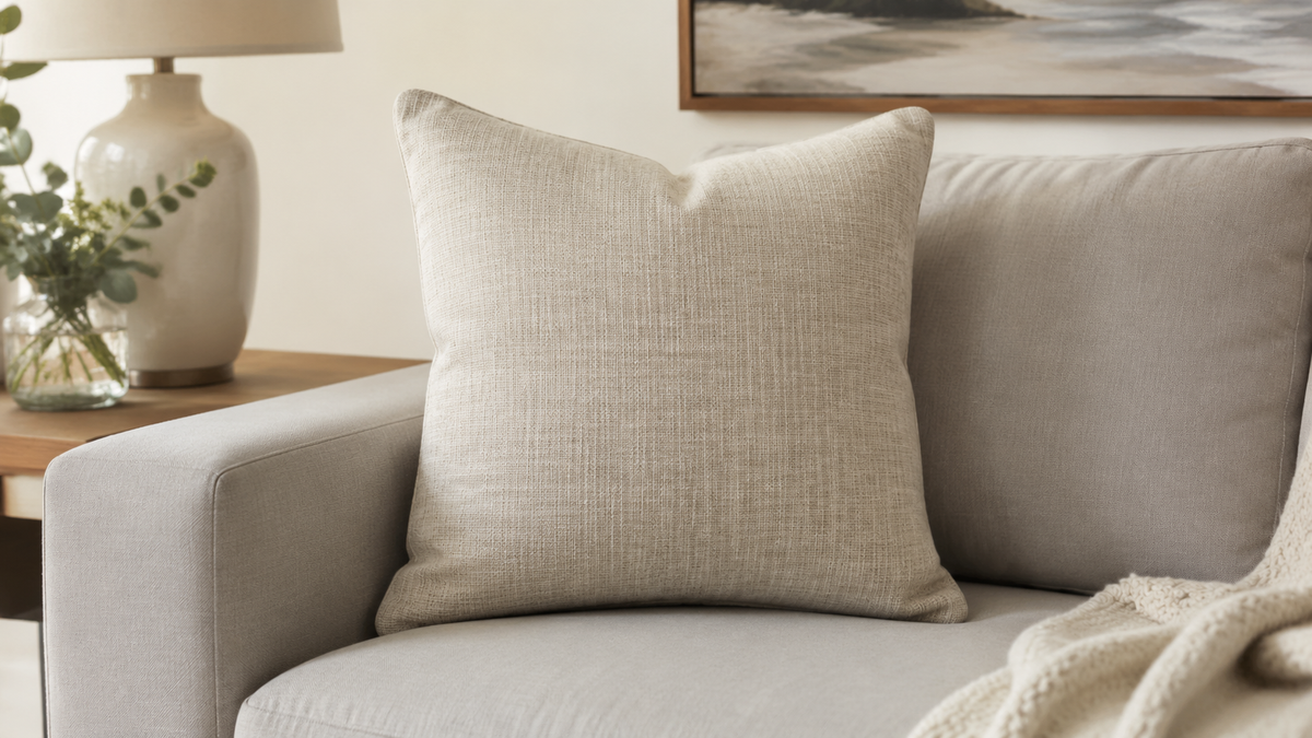 An 18 by 18 square pillow arranged on a modern sofa