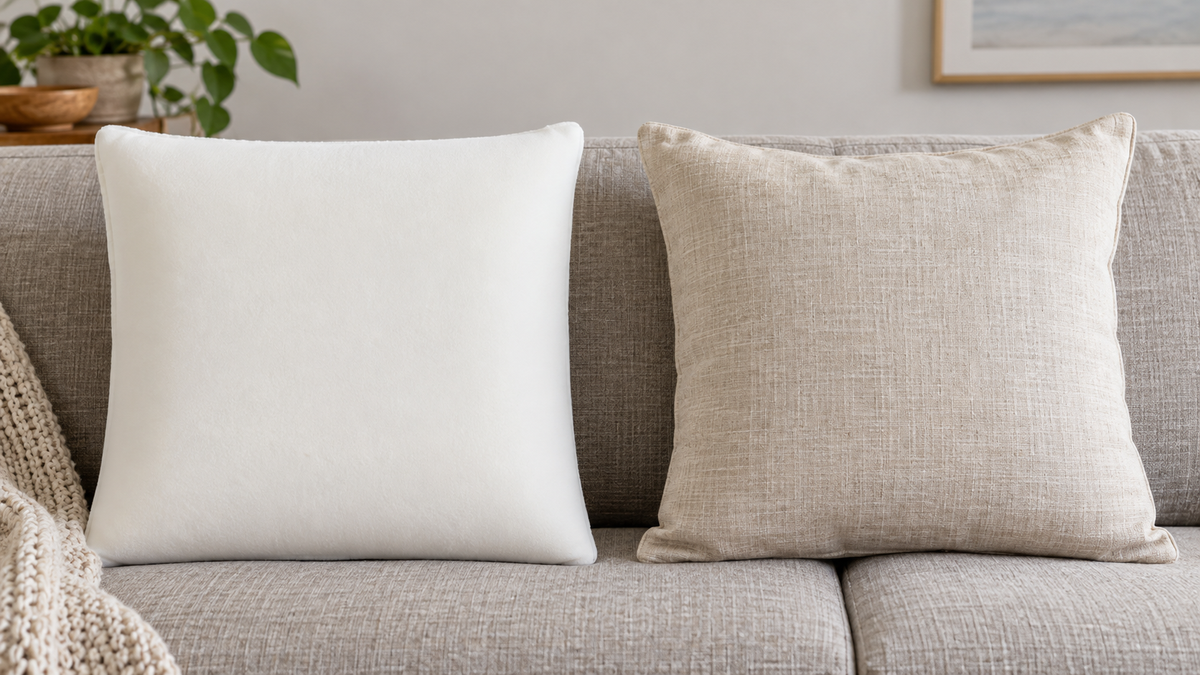 Unbranded square memory foam pillow insert beside a plain eighteen-inch cushion cover