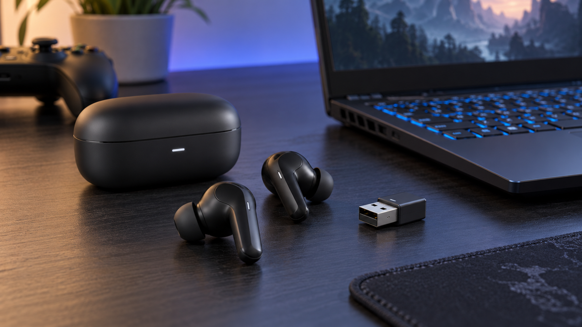 2.4 GHz wireless earbuds with USB dongle and charging case beside a laptop