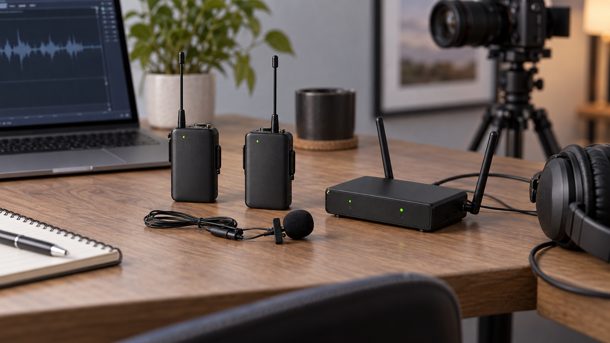 Unbranded 2.4 GHz wireless microphone transmitters and receiver prepared for a recording setup