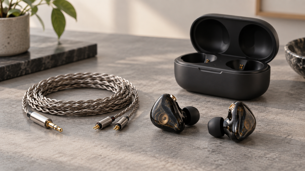 Unbranded earphones displayed with a detachable audio cable and Bluetooth charging case