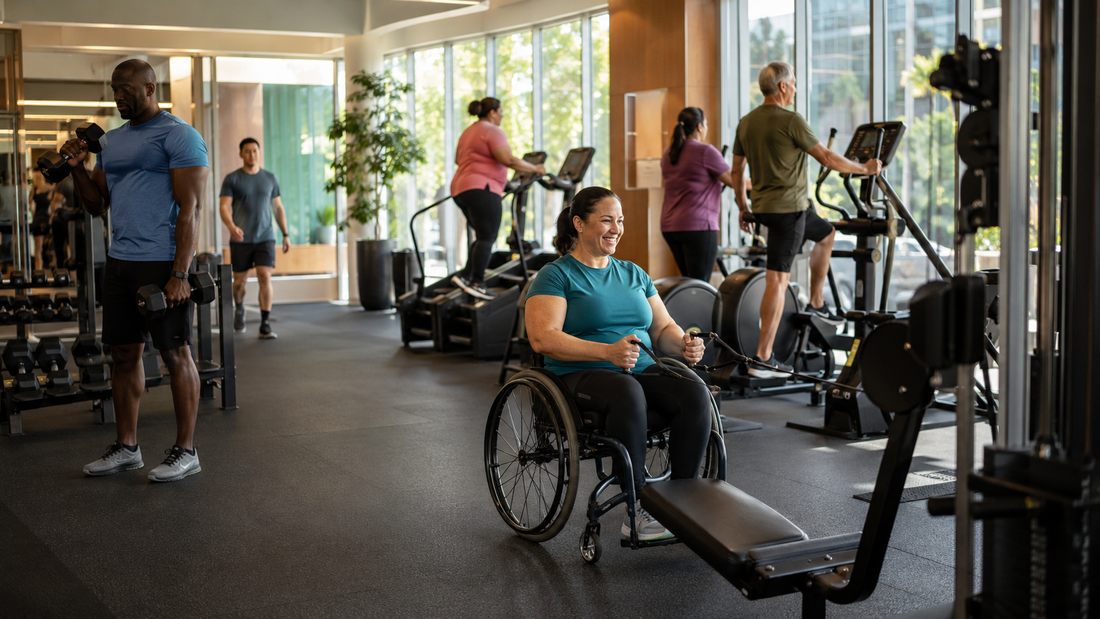 Inclusive accessible gym with adaptive fitness equipment