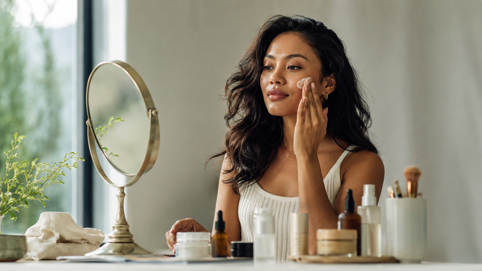 Everyday skincare and makeup beauty routine at a vanity