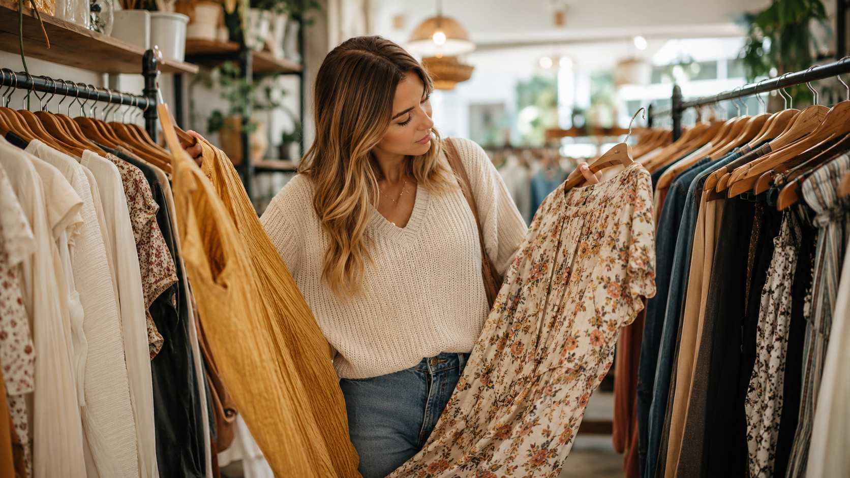 Shopper comparing garments in a local clothing boutique