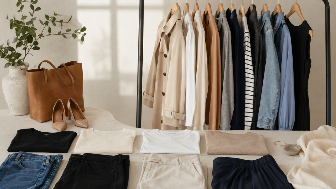 Coordinated versatile clothing capsule on a rack