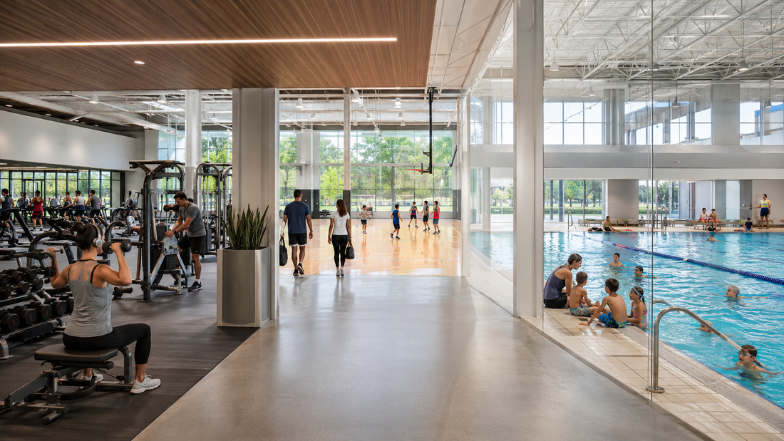 Family-friendly fitness club with activity areas and pool