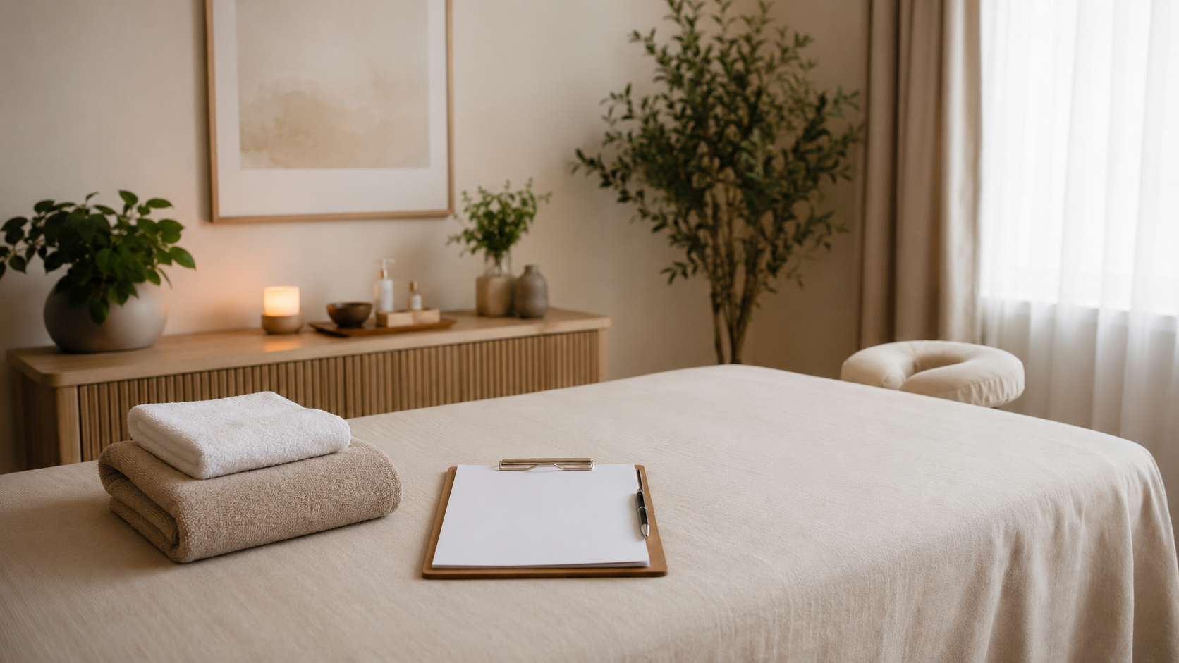 Calm massage room prepared for a personalized consultation