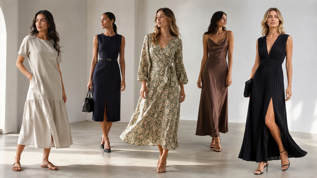 Models wearing casual work evening midi and maxi dresses