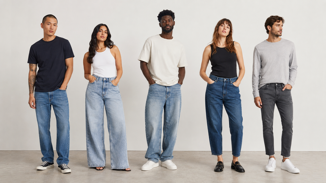 Adults demonstrating several modern jeans fits and washes