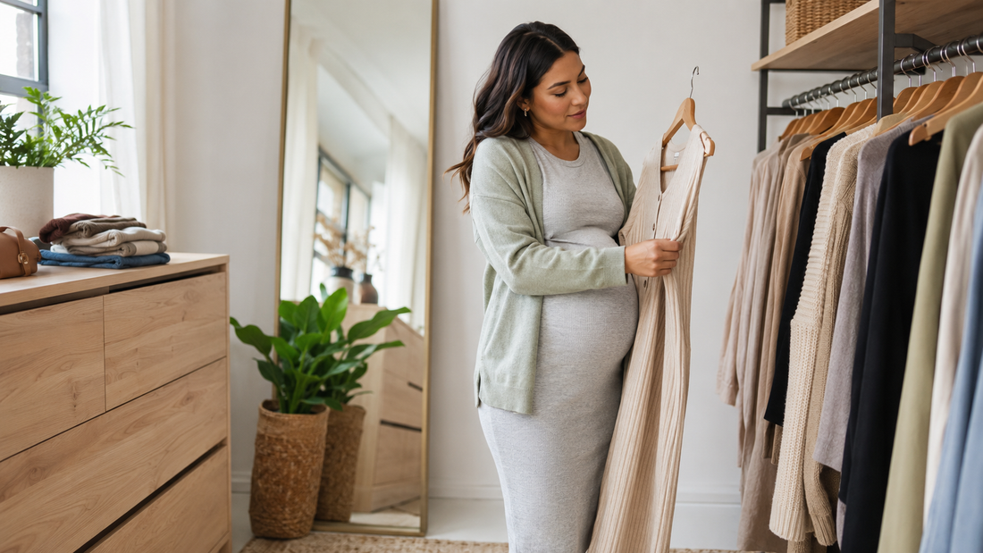 Pregnant woman choosing a versatile maternity wardrobe