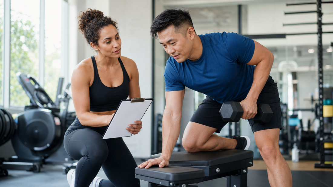 Personal trainer guiding an adult through a strength exercise