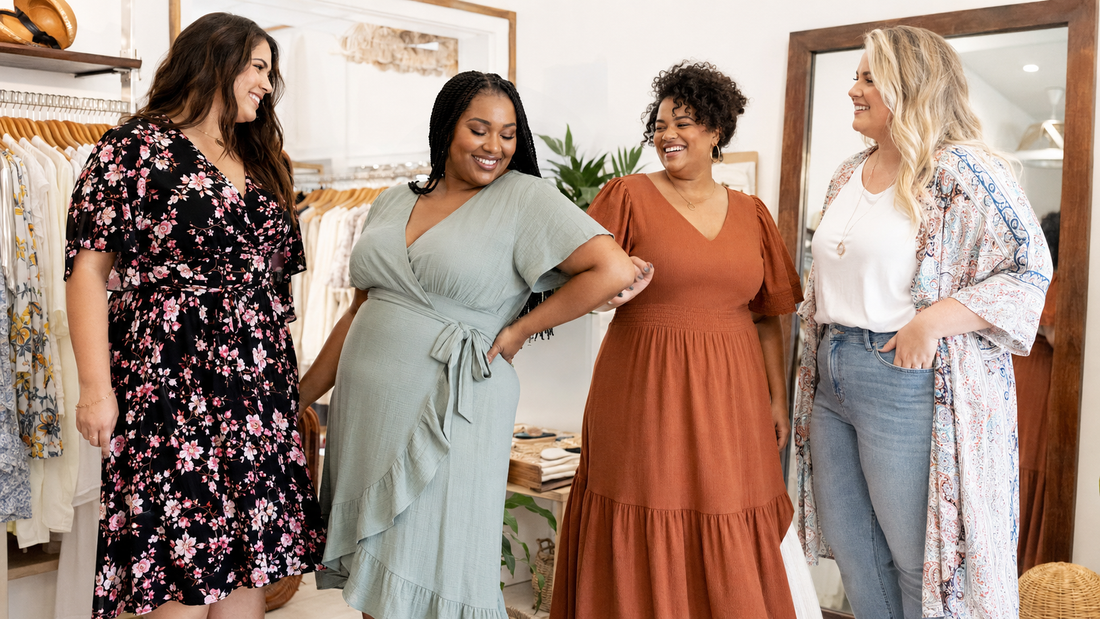 Plus-size women trying coordinated outfits in an inclusive boutique