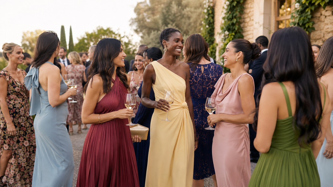 Wedding guests wearing elegant dresses at an outdoor reception