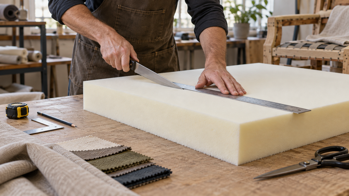 Unbranded three-inch upholstery foam being measured and cut for a seat cushion