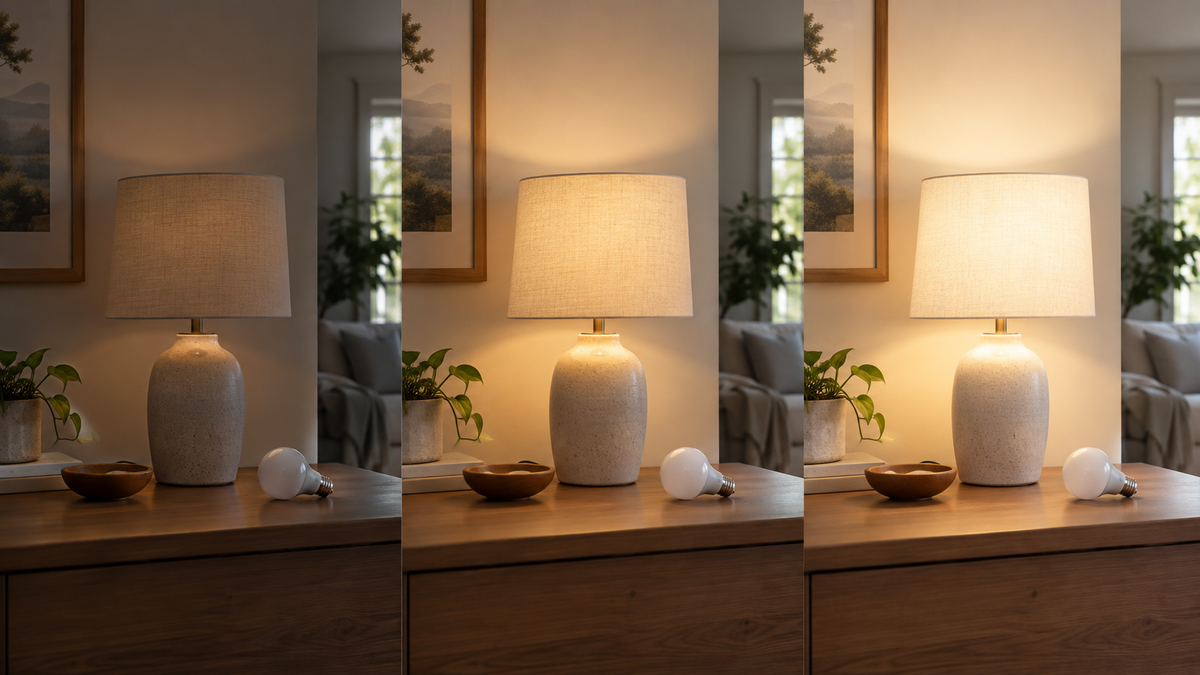 Unbranded three way smart LED bulb glowing at three brightness levels in a table lamp setting