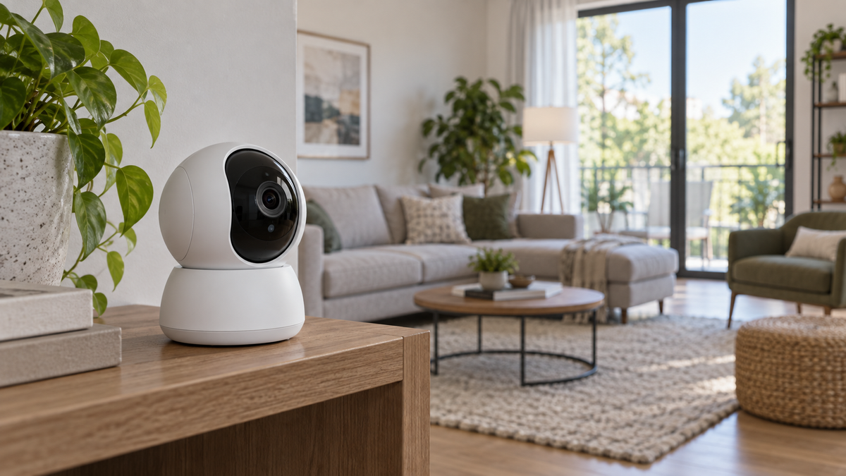 360 WiFi camera placed on a shelf overlooking a modern living room
