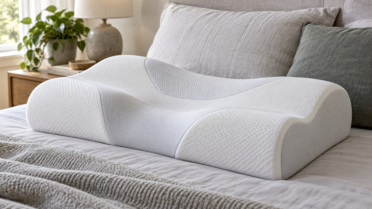Unbranded sculpted 3D memory foam pillow with visible contour zones on neutral bedding