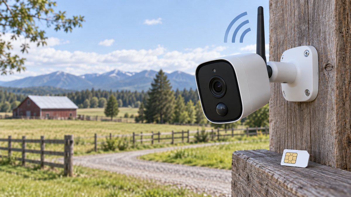 Unbranded cellular security camera with a generic SIM card and signal indicator outdoors